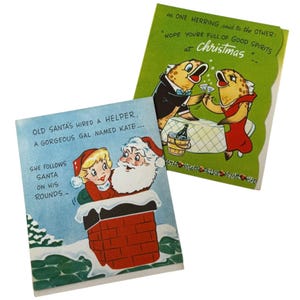 Vintage Christmas Cards Set of 2 Humorous Original 1940s 50s Pinup Retro Crafting Scrapbooking Stonybrook Greetings