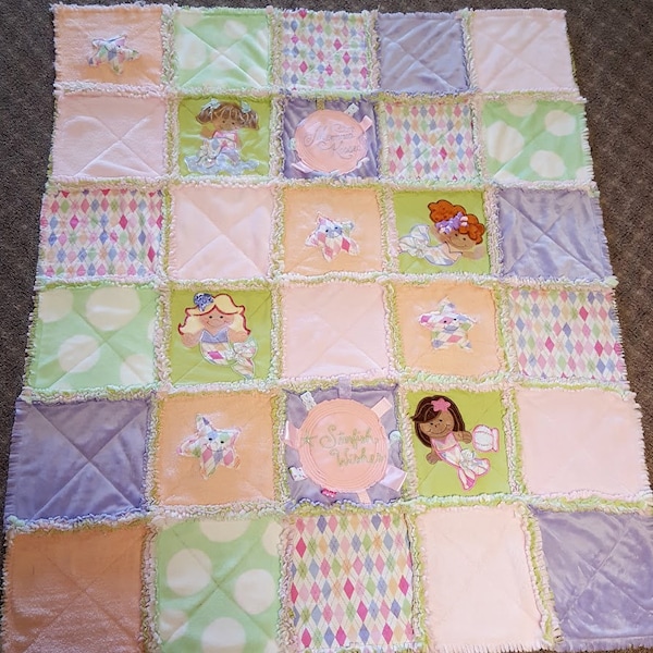 Darling Baby Girl Pink Green Flannel Cotton Minky Plush Mermaid Rag Quilt Ribbons and Bows Applique