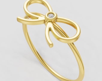 Diamond Bow Ring in 10K 14K 18K Gold or Platinum, Luxury Diamond Knot Ring, Elegant Fine Jewelry Statement Ring for Women