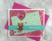 Handmade Valentine’s Day Card - Floating Kitten with Heart Balloon - Love is in the Air Love card for him
