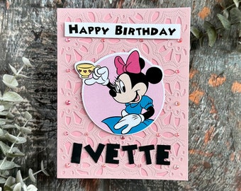 Handmade Personalized Disney Minni Mouse tea party Birthday Card for kids