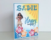 Personalized Moana Birthday cards for kids. Customized Disney theme card with kids name in Moana font.