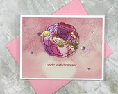 Handmade Floral Valentine’s Day Card - Bokeh Hearts Background with Stamped Rose and Jewels