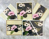 Set of 5 Handmade Birthday Cards with Die-Cut Flowers, A2 Size, Patterned Paper, Blank Inside