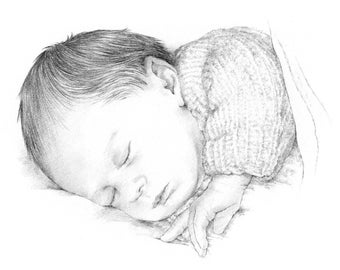 Baby portrait. Pencil drawing hand drawn from photograph by Margaret Scanlan.