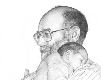 Family portraits. Hand drawn. Child, adult and baby. Combine photos. Personalised drawing.
