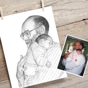 May include: A black and white pencil drawing of an older man holding a sleeping baby in his arms. The man is wearing a striped shirt and the baby is wearing a white sweater.