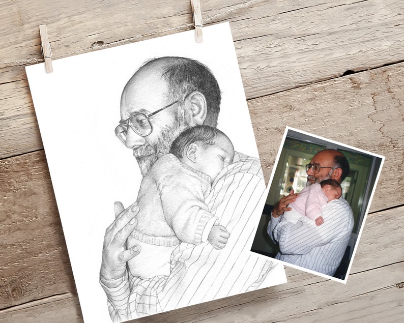 May include: A black and white pencil drawing of an older man holding a sleeping baby in his arms. The man is wearing a striped shirt and the baby is wearing a white sweater.