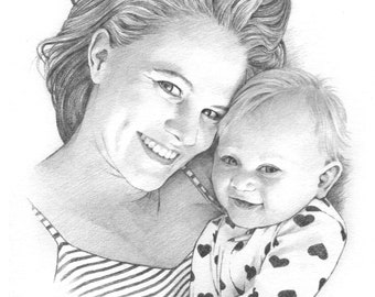 Mother, child and baby portraits. Hand drawn custom gift for Mother's Day.