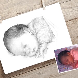 May include: A black and white pencil drawing of a sleeping baby wearing a knitted sweater.