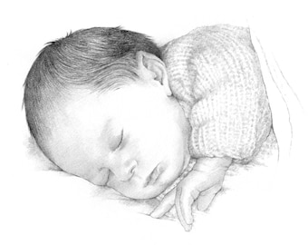 Custom baby portrait. Hand drawn from photograph. Personalised christening, 1st birthday gift.