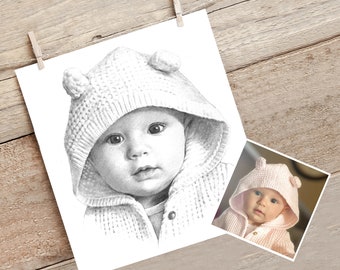 Baby and children's portraits. Hand drawn realistic pencil drawings from photo. Christening, baptism gift.