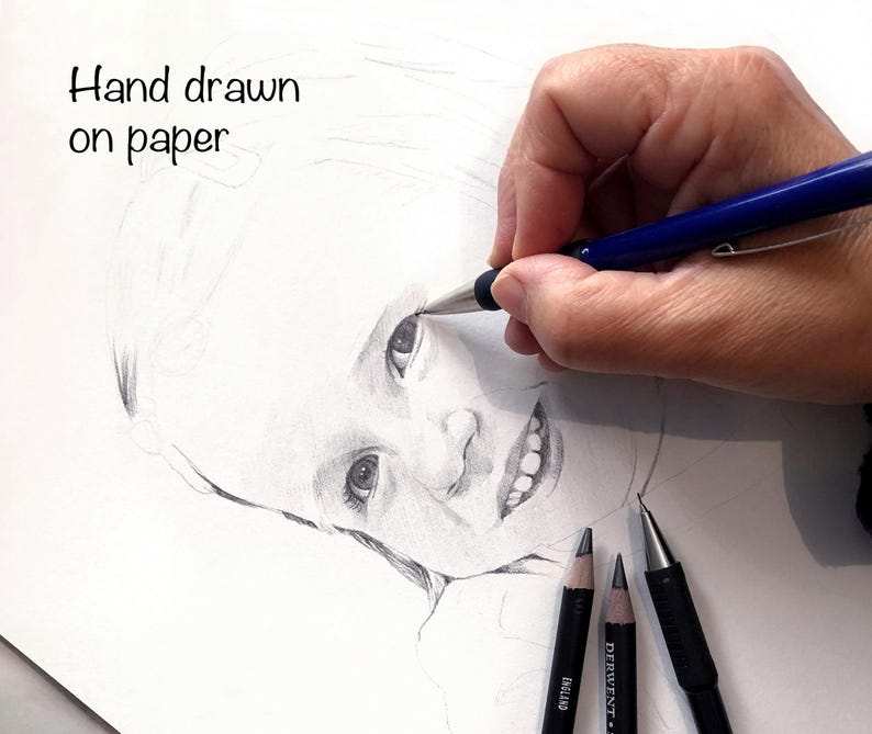 May include: A hand drawing a portrait of a child with a pencil on white paper. The text "Hand drawn on paper" is written in the top left corner of the page.
