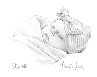Personalised Baby drawing, stillborn, infant loss. Hand drawn memorial portrait.