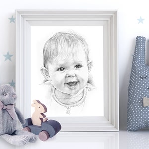 Custom Baby Portrait. Hand drawn, personalised gift for christening, new baby, Mother's Day, Father's Day image 1