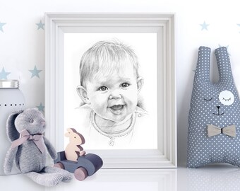 Custom Baby Portrait. Hand drawn, personalised gift for christening, new baby, Mother's Day, Father's Day