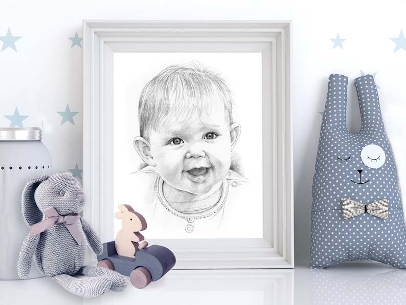 Custom Baby Portrait. Hand drawn, personalised gift for christening, new baby, Mother's Day, Father's Day image 1