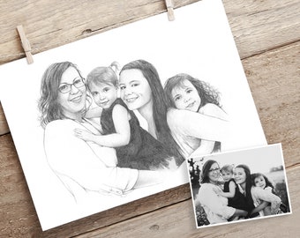 May include: Black and white pencil drawing of a mother and her three daughters. The mother is holding the youngest daughter in her arms, while the two older daughters are standing behind them. The family is smiling and looking at the camera.