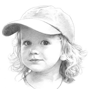 May include: A black and white pencil drawing of a young child wearing a baseball cap. The child has curly hair and is looking directly at the viewer.