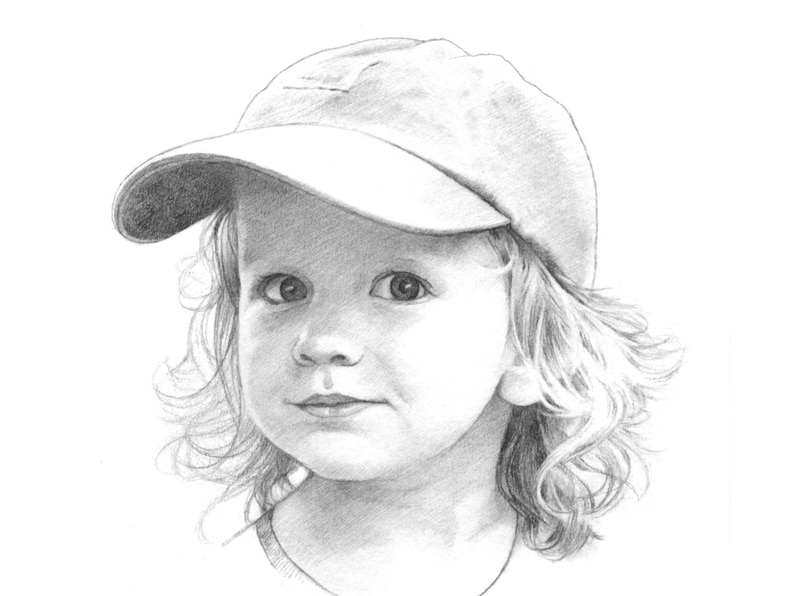May include: A black and white pencil drawing of a young child wearing a baseball cap. The child has curly hair and is looking directly at the viewer.