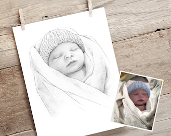 Custom baby portrait. Stillborn, miscarriage, infant loss. Premature baby drawing. Hand drawn memorial gift.