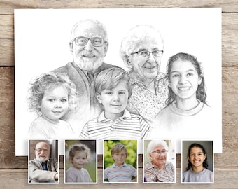 Family portraits. Hand drawn. Child, adult and baby. Combine photos.