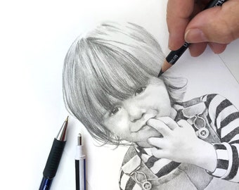 Hand drawn portraits. Baby and child. Personalised gift for christening, new baby, 1st birthday.