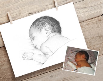 Premature baby drawing. Stillborn, infant loss, miscarriage. Hand drawn custom portrait.