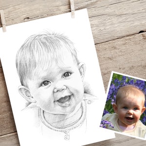 May include: A black and white pencil drawing of a baby girl with short blonde hair, smiling and looking at the camera. The drawing is on a white background.