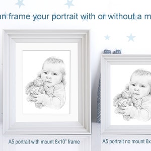 May include: Two white picture frames with a black and white drawing of a child holding a stuffed animal. The frame on the left is an 8x10 inch frame with a mat, and the frame on the right is a 6x8 inch frame without a mat. The text "You can frame your portrait with or without a mount" is at the top of the image. The text "A5 portrait with mount 8x10" frame" is below the left frame. The text "A5 portrait no mount 6x8" frame" is below the right frame.