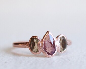 Pink Tourmaline & Citrine Teardrop Ring - Raw - Handmade - Copper - Natural - Electroformed - Uk ring size M /US size 6.5 - Rustic Facet Cut