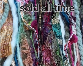 21 yds.Farmers Market Fiber Art Yarn Bundle/Textural novelty yarns/ embellishment trim/Greens, Cranberry, Peach, Teal yarn pack