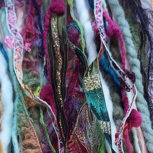 23 yds "Farmers Market" Art Yarn Bundle/TEXTURAL fibers & trims/greens, cranberry, peach, teal, gold, sparkle novelty yarn/fringe/tassels