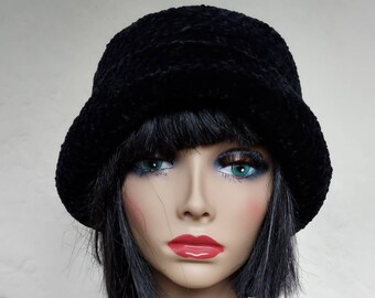 MEDIUM size Black roll brim hat /SOFT velvet-like  cloche black hat women/winter hat/ready to ship