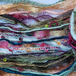 Farmers Market fiber art yarn bundle/textural VARIETY novelty yarn UPSCALE brands/embellishment trim/tassels/junk journal/weaving/18 yds.
