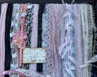 Postcard  from Paris fiber art yarn bundle/17X1 embellishment trim +MINI postcard/pink,black/shabby chic/Paris junk  journal