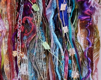 50-piece yarn SCRAPS MIX #2/Fiber Art Yarn multi colored 1/3 to 3/4 yard lengths/card making/ embellishment trim/scrapbook/junk journal