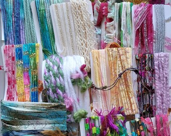 40 yards rainbow GRAB BAG Novelty yarn/40 Types/fiber art yarn variety/embellishment trim/weaving/add-ins/yarn assortment/discontinued yarns
