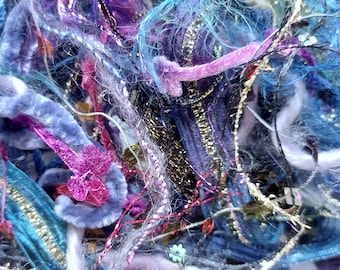 Ethereal Night 20 yds. fiber art yarn bundle/embellishment trim/weaving/junk journal/ fringe/ slow stitch/blue purple multi