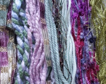 VINEYARD 20 yds. fiber art yarn bundle/weaving/ embellishment trim/purple green yarn/weaving/scrapbook/junk journal