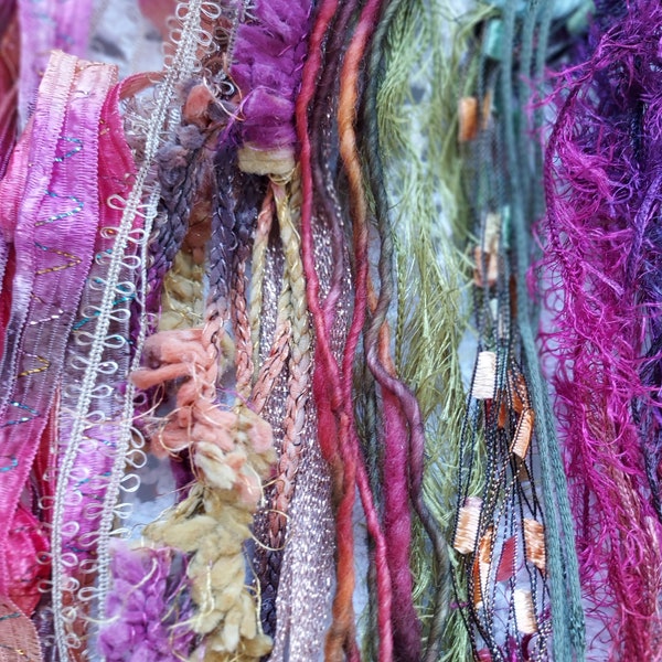 POTPOURRI Fiber art yarn bundle 20 yds./TEXTURAL variety/embellishment trim/slow stitch/weaving/journal/yarn add-ins/novelty yarn fringe