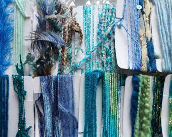 22 yds. Mermaids Gone Wild fiber art yarn bundle+ raffia/embellishment trim/add-ins/junk journal/fringe/blue green teal novelty trim pack