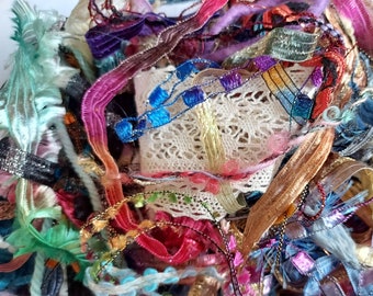 35 SCRAPS multi-colored mix fiber art yarn & trim bundle/1/2 to 3/4 yd lengths/Embellishment trim/junk journal/novelty yarn/card-making