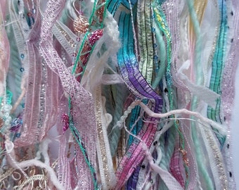 FAIRY Prom fiber art yarn bundle 20 yds/embellishment trim/TEXTURAL variety/Novelty yarn/pastel yarn pack/junk journal/slow stitch /fringe