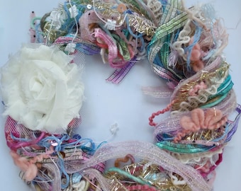 Pastel FAIRY PROM Fiber Art Yarn Bundle 21 yds. + shabby  chic flower/PASTEL Embellishment Variety Pack, Junk Journal/novelty yarn