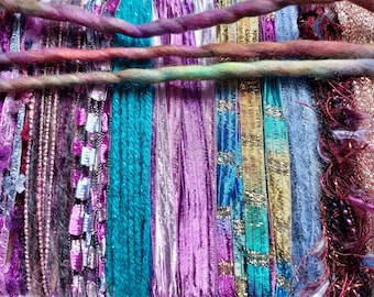 Time Travel 21 yds.Fiber art yarn bundle/10X2 +1/specialty yarn/embellishment trim/purple copper blue/add-ins weaving/spinning/junk journal