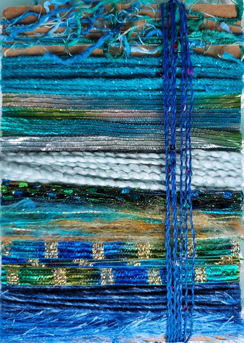 NEW Mermaid's Lair 20 yds. fiber art yarn bundle/embellishment trim 10X2/weaving/blue green teal yarn/junk journal/dreamcatcher DIY/fringe image 4