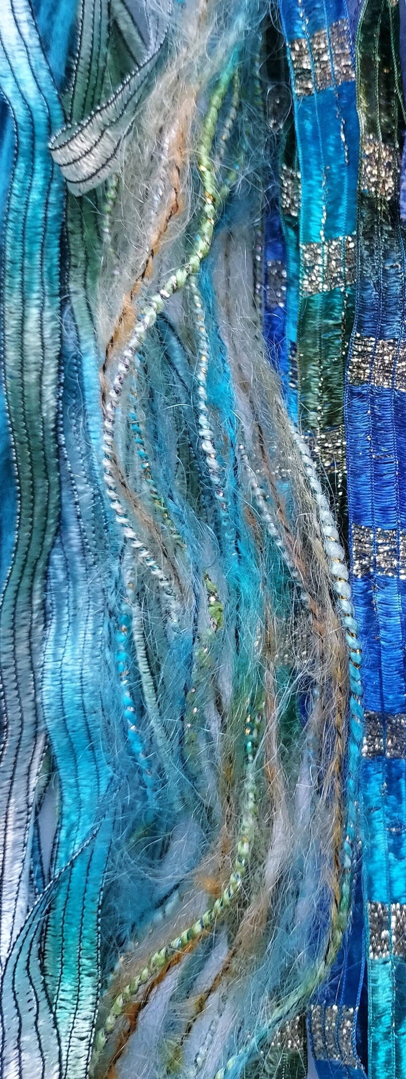 NEW Mermaid's Lair 20 yds. fiber art yarn bundle/embellishment trim 10X2/weaving/blue green teal yarn/junk journal/dreamcatcher DIY/fringe image 5