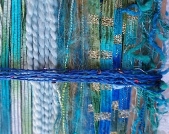 NEW Mermaid's Lair 20 yds.  fiber art yarn bundle/embellishment trim 10X2/weaving/blue green teal yarn/junk journal/dreamcatcher DIY/fringe