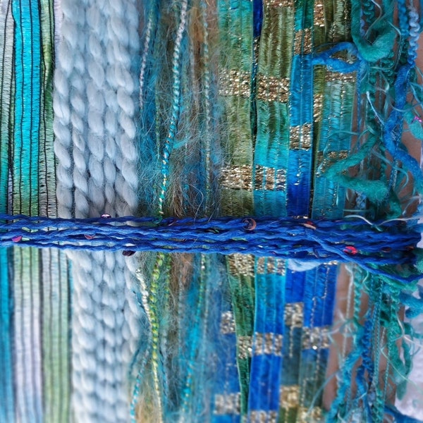 NEW Mermaid's Lair 20 yds.  fiber art yarn bundle/embellishment trim 10X2/weaving/blue green teal yarn/junk journal/dreamcatcher DIY/fringe